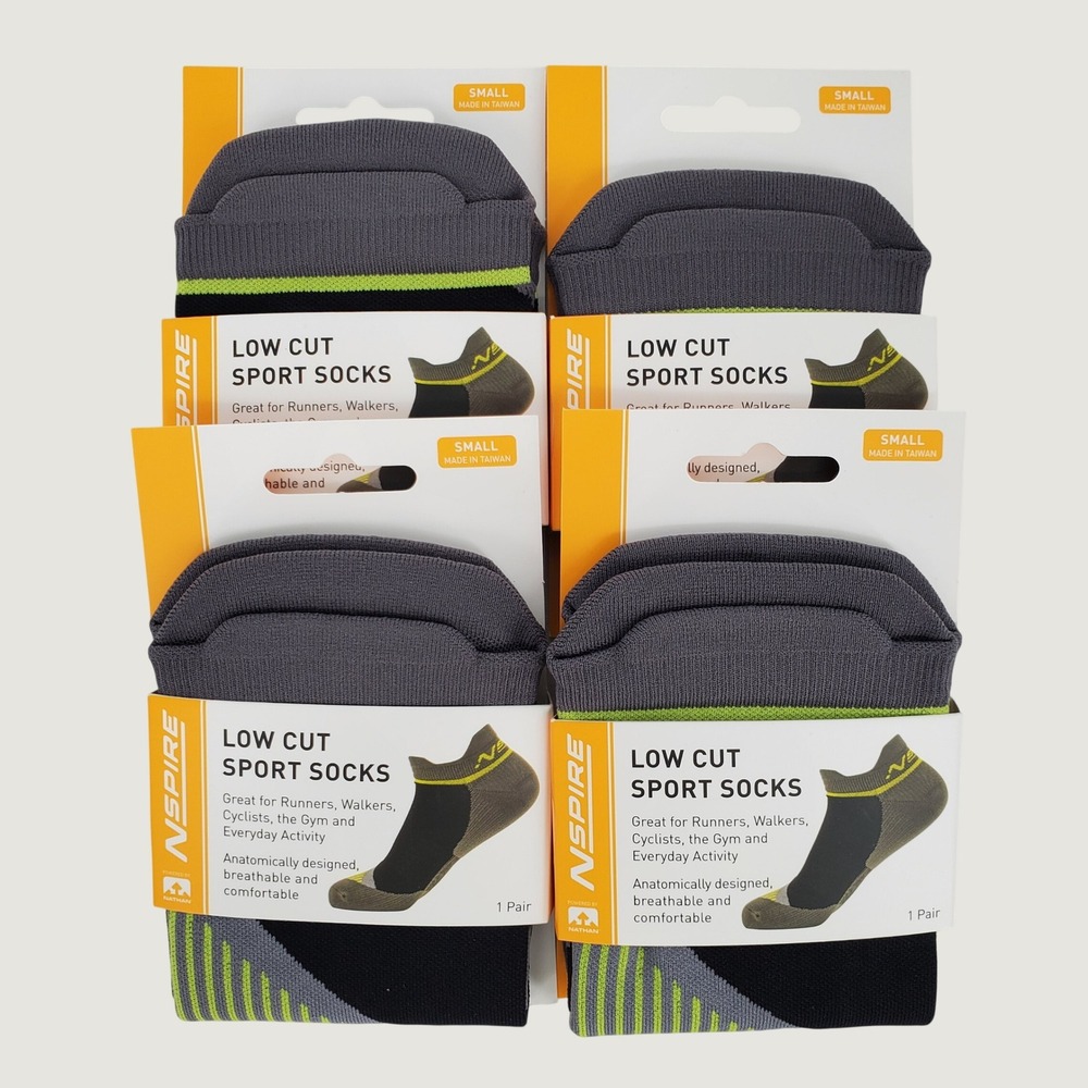 Nathan NSPire Low Cut Sport Socks 4 Pairs Black Yellow Small Arch Breathable New
